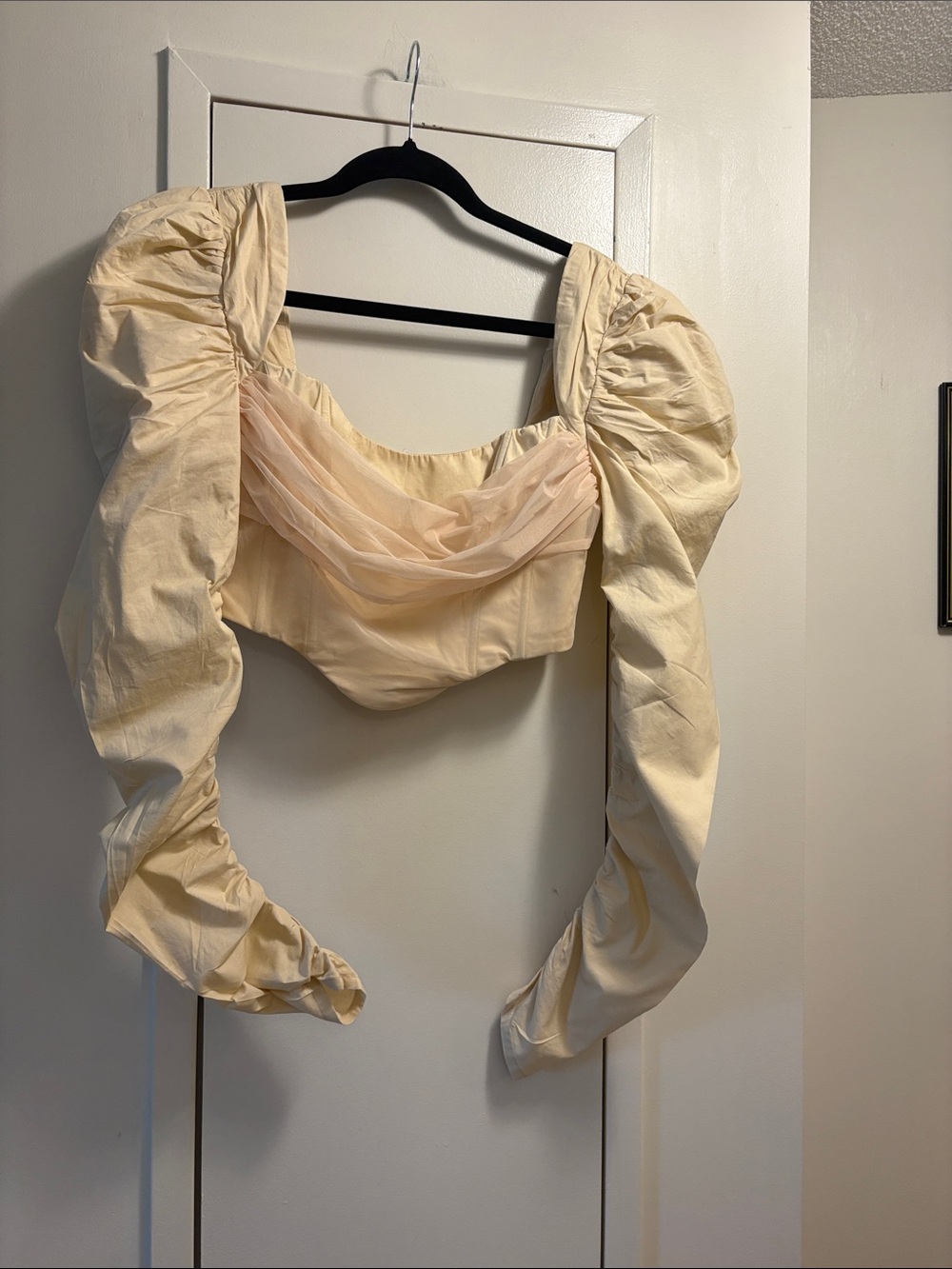 Oh Polly Cream Puff-Sleeve Crop Top with Sheer Drape
